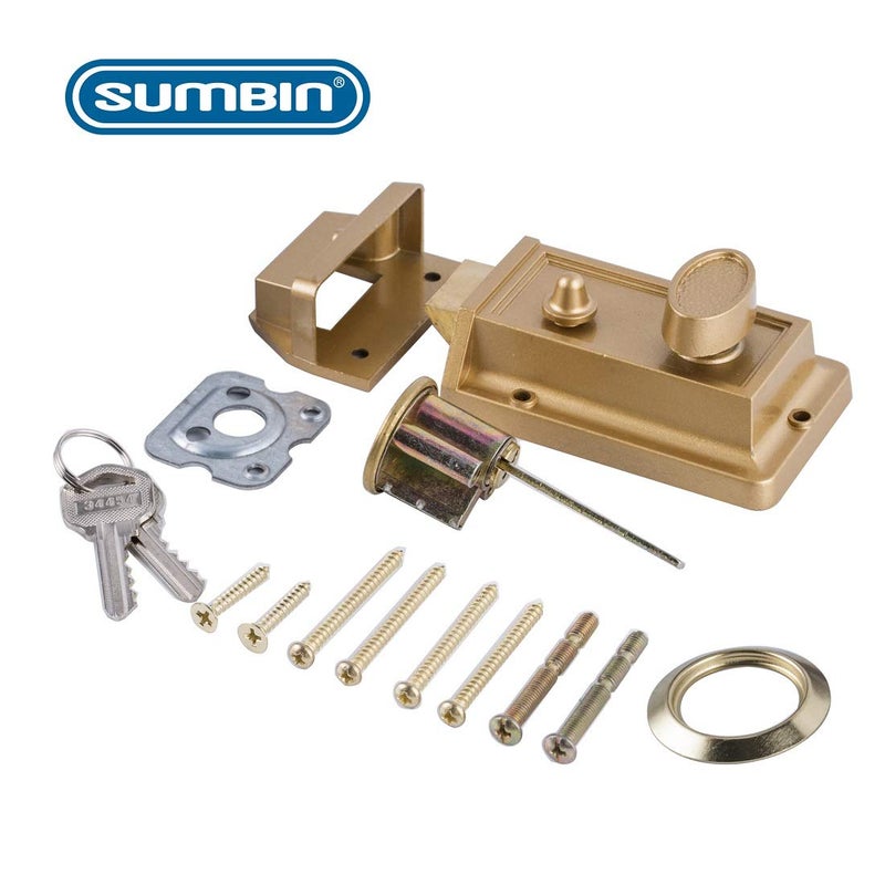 SUMBIN Night Latch Deadbolt Rim Lock Antique Locks with Keys for Front Door Gold Finish - Image 4
